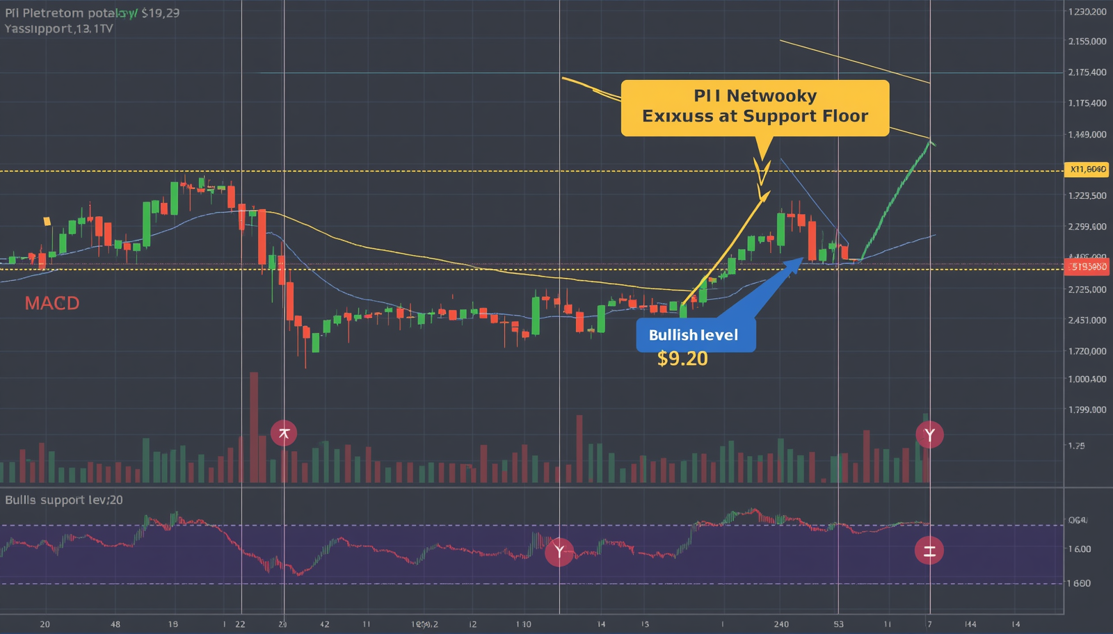 Will Pi Network price recover to $0.20 as bearish MACD momentum exhausts at the support floor?