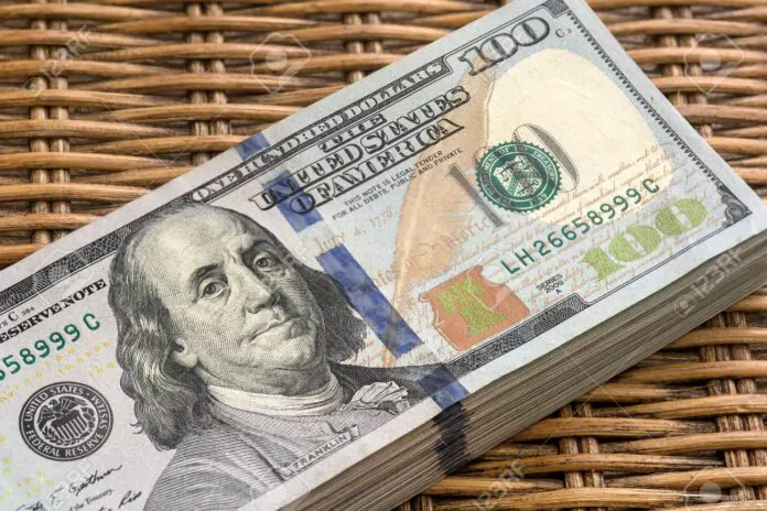 Stack of USD 100 Dollars Notes on Wicker Background Dollar prices stabilize in Baghdad and Erbil